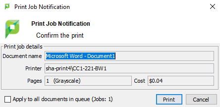 screenshot of PaperCut Print Job Notification