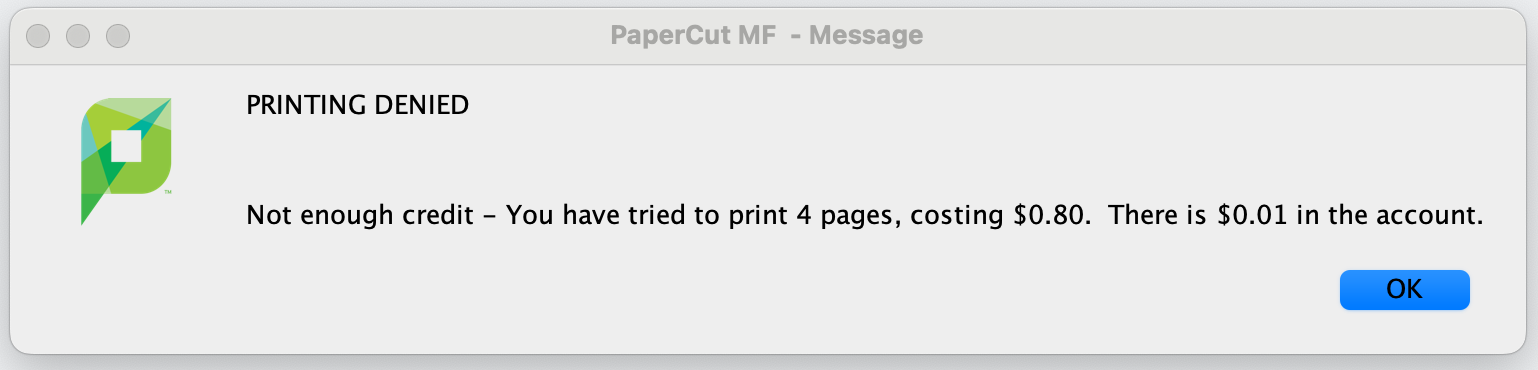 screenshot of Cannot Print! Pop-up