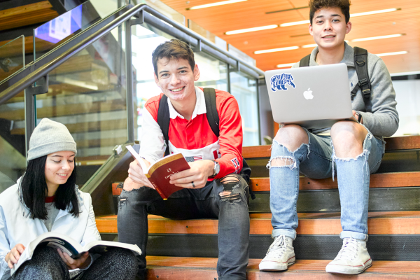 Smiling students sitting on the stairs
